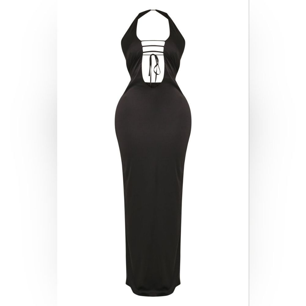 Black Satin Plunge Front Backless Halter Maxi Dress 14
